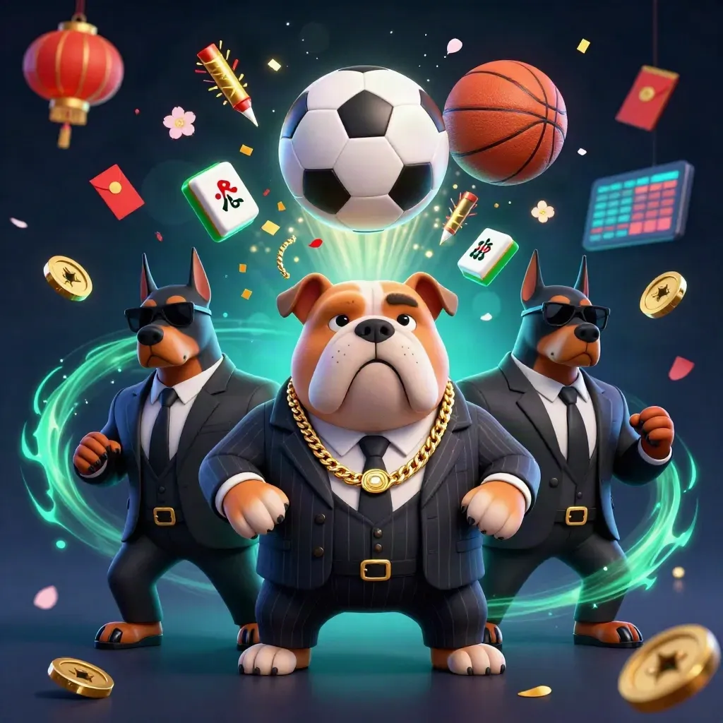 Bulldog boss and doberman guards amid basketball, soccer ball, coins, lanterns and fireworks