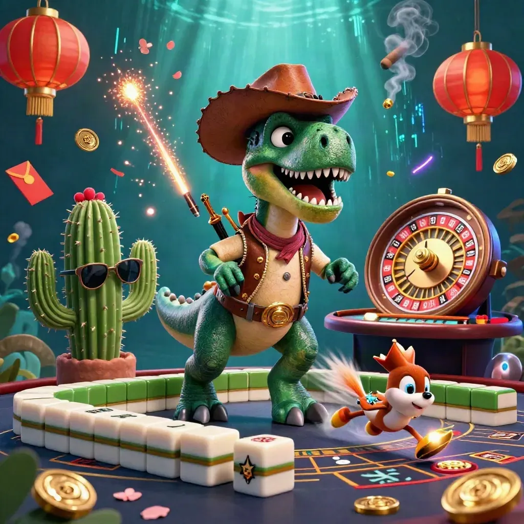 Cowboy T-Rex, cactus sidekick, and roadrunner amid casino neon, lanterns, coins, and teal glow