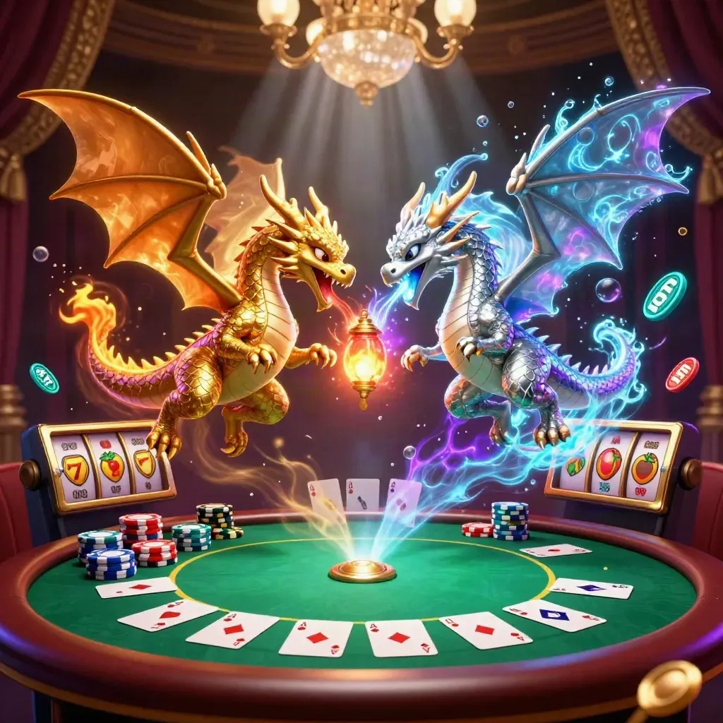 Gold and silver dragons clash over casino chips, cards, and glowing underwater treasure.