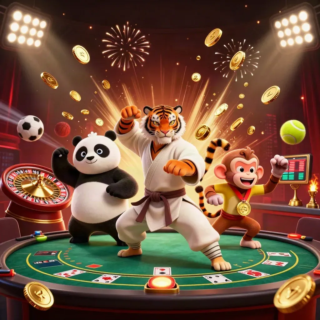 Kung-fu tiger, panda, and monkey amid casino treasure, coins, fireworks, sports props, and spinning roulette