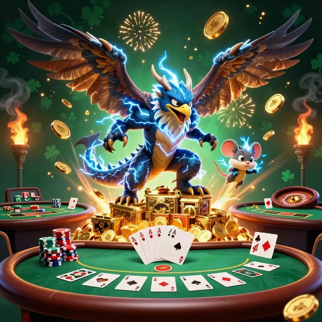 Thunder dragon, wind hawk and thunder-mouse amid gold coins, casino tables and fireworks in emerald-gold glow