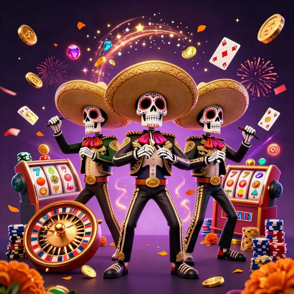 Skeleton mariachi trio amid casino reels, coins, chips, fireworks, and glowing magic