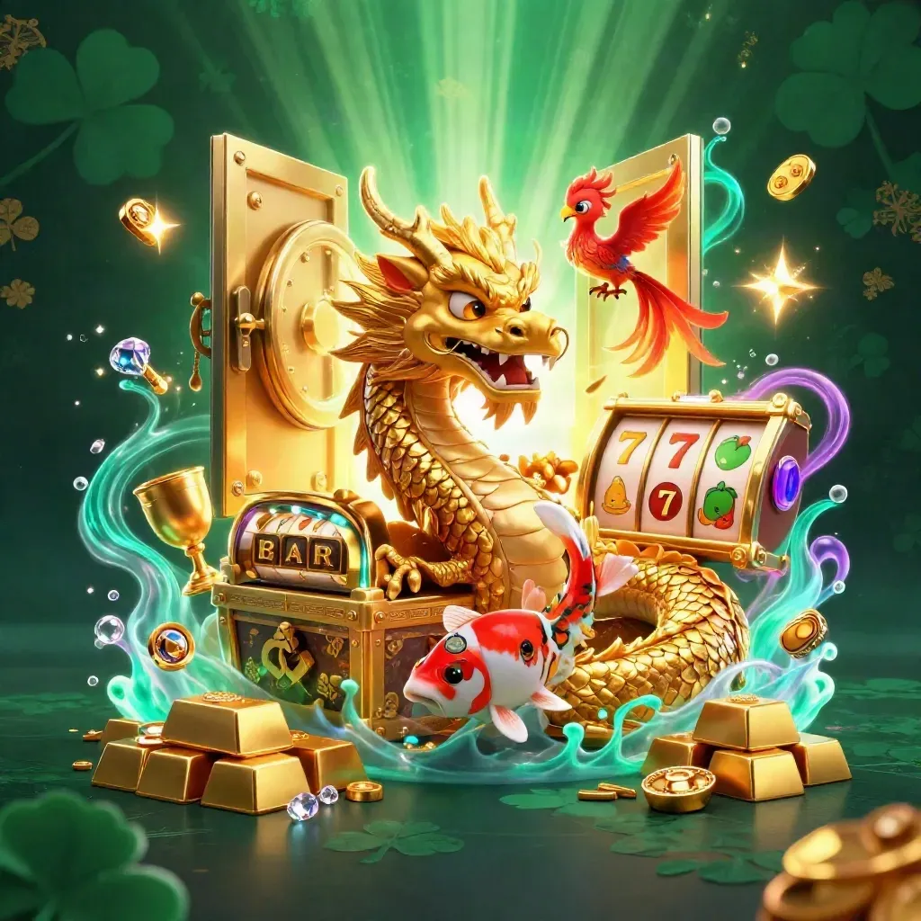 Golden dragon with phoenix and koi amid vault gold, gems, reels, and neon glow